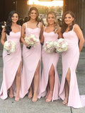 Sheath/Column Ruched Straps Sleeveless Split Side Sweep/Brush Train Stretch Crepe Bridesmaid Dresses