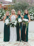 Sheath/Column Halter Sleeveless Split Side Floor-Length Satin Bridesmaid Dresses