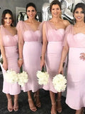 Sheath/Column One-Shoulder Ruffles Sleeveless Tea-Length Satin Bridesmaid Dresses