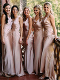 Sheath/Column Sleeveless V-neck Sweep/Brush Train Silk like Satin Bridesmaid Dresses