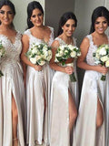 Sheath/Column V-neck Sleeveless Split Side Floor-Length Silk like Satin Bridesmaid Dresses