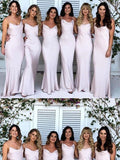 Sheath/Column Spaghetti Straps Ruched Sleeveless Floor-Length Satin Bridesmaid Dresses