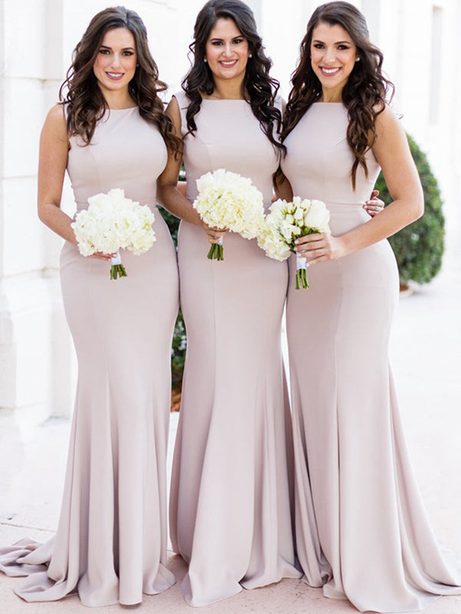 Sheath/Column Sleeveless Sheer Neck Floor-Length Spandex Bridesmaid Dresses