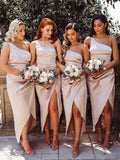 Sheath/Column One-Shoulder Sleeveless Ankle-Length Silk like Satin Bridesmaid Dresses