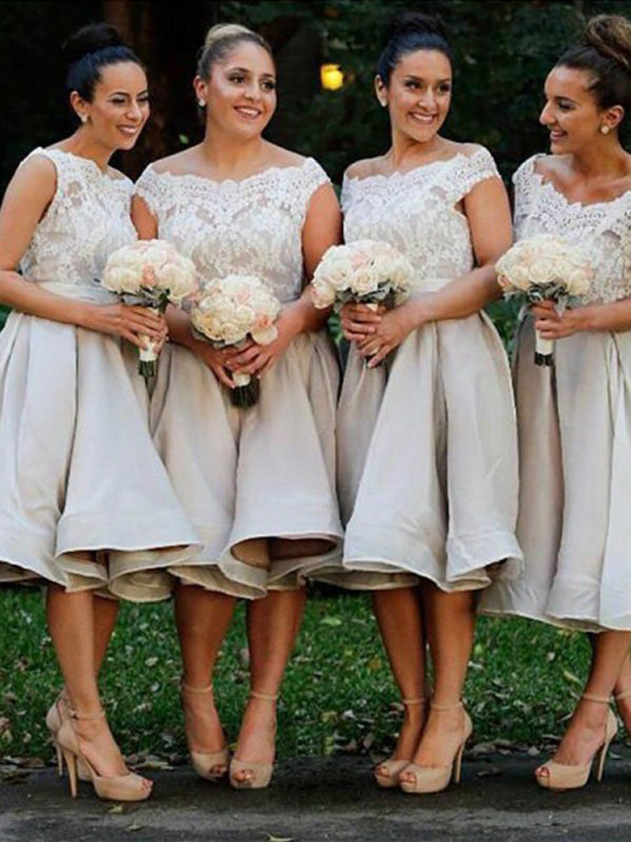 A-Line/Princess Off-the-Shoulder Sleeveless Knee-Length With Lace Satin Bridesmaid Dresses