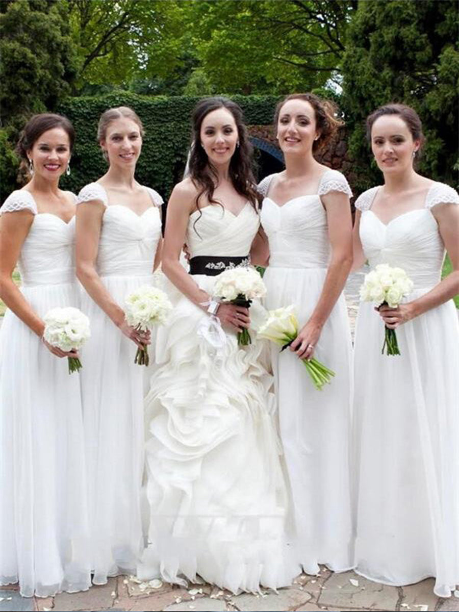 A-Line/Princess Sweetheart Short Sleeves Floor-Length With Ruched Chiffon Bridesmaid Dresses