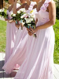 A-Line/Princess One-Shoulder Sleeveless Floor-Length With Hand-Made Flower Chiffon Bridesmaid Dresses