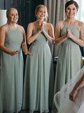 A-Line/Princess Halter Sleeveless Floor-Length Ruched Chiffon Bridesmaid Dresses