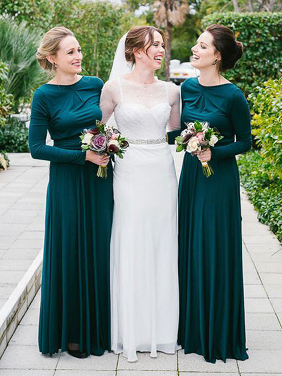 A-Line/Princess Crew Long Sleeves Floor-Length With Ruffles Jersey Bridesmaid Dresses