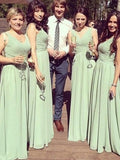 A-Line/Princess V-neck Sleeveless Floor-Length Ruched Chiffon Bridesmaid Dresses