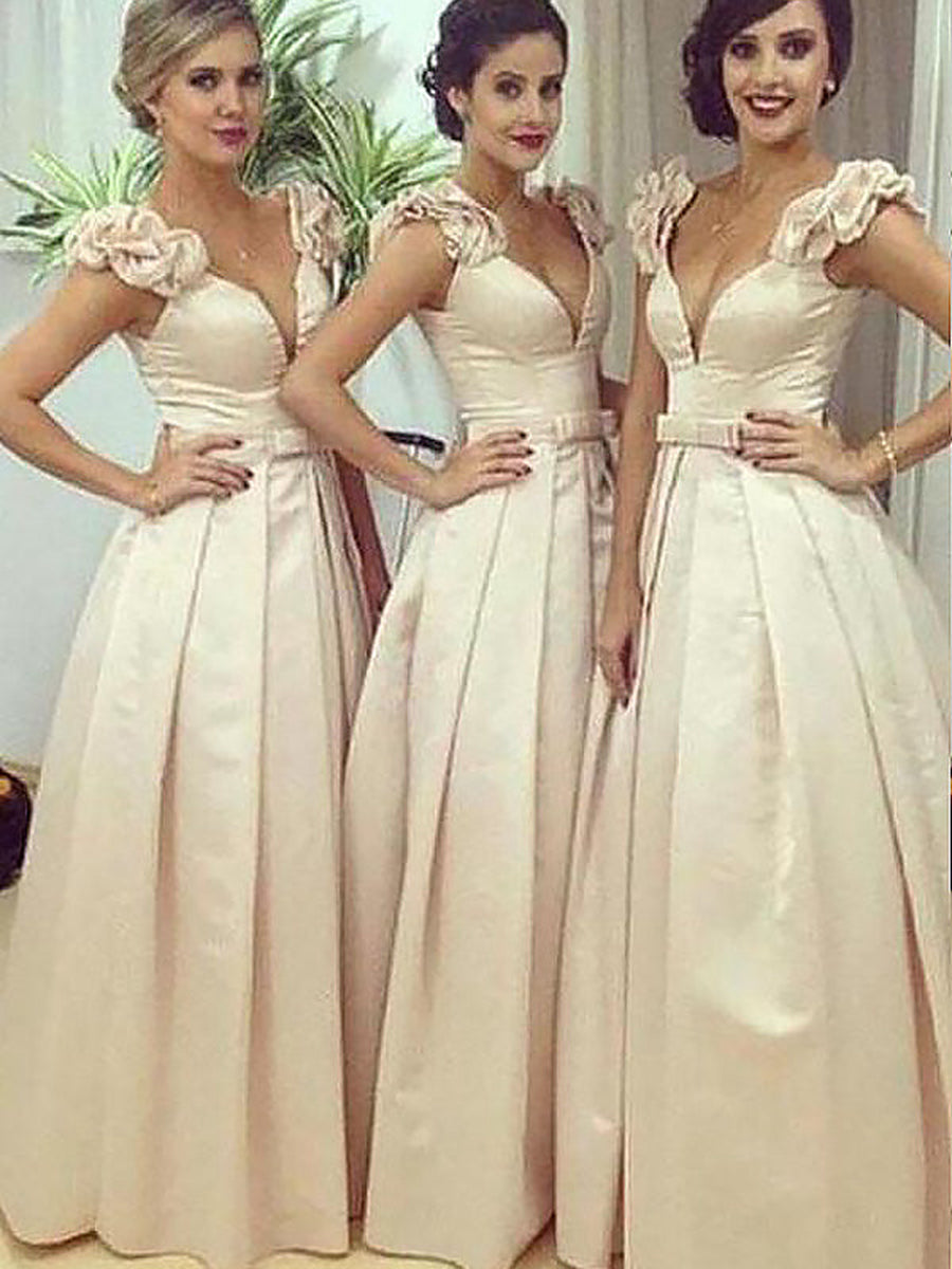 A-Line/Princess V-Neck Floor-Length Sleeveless Straps Satin Bridesmaid Dresses