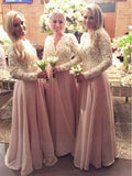 A-Line/Princess V-neck Long Sleeves Floor-Length Lace Chiffon Bridesmaid Dresses