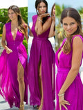 A-Line/Princess Split Side Floor-Length Sleeveless V-neck Chiffon Bridesmaid Dresses