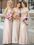 A-Line/Princess Sweetheart Sleeveless Floor-Length With Ruched Sequins Bridesmaid Dresses