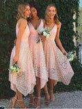 A-Line/Princess Lace V-neck Sleeveless With Layers Asymmetrical Bridesmaid Dresses