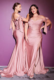 Sheath/Column Off-the-Shoulder Bowknot Floor-Length Split Side Satin Bridesmaid Dress