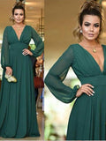A-Line/Princess Ruffles V-neck Long Sleeves Floor-Length Chiffon Bridesmaid Dresses