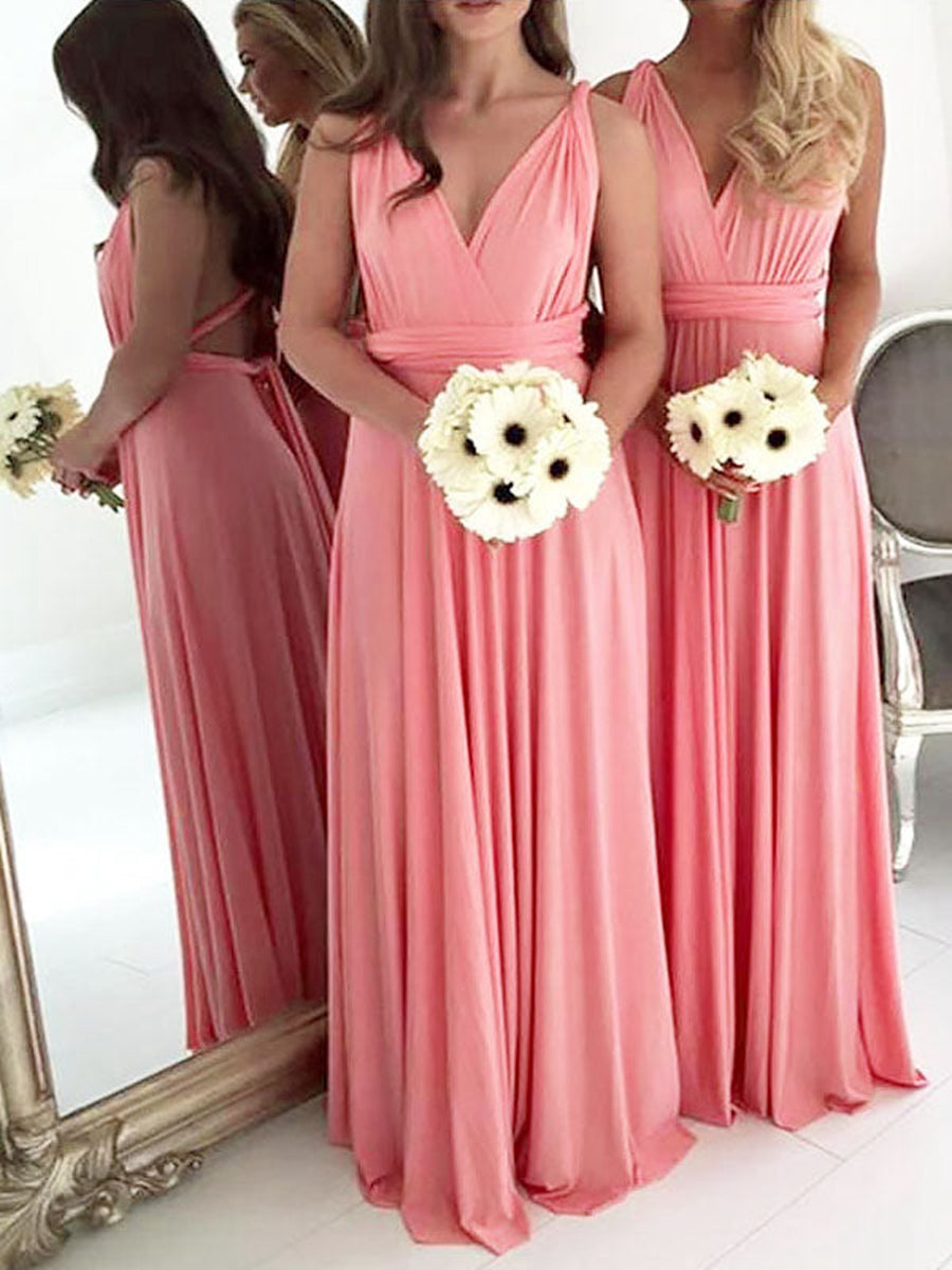 A-Line/Princess V-neck Floor-Length Sleeveless Spandex Bridesmaid Dresses
