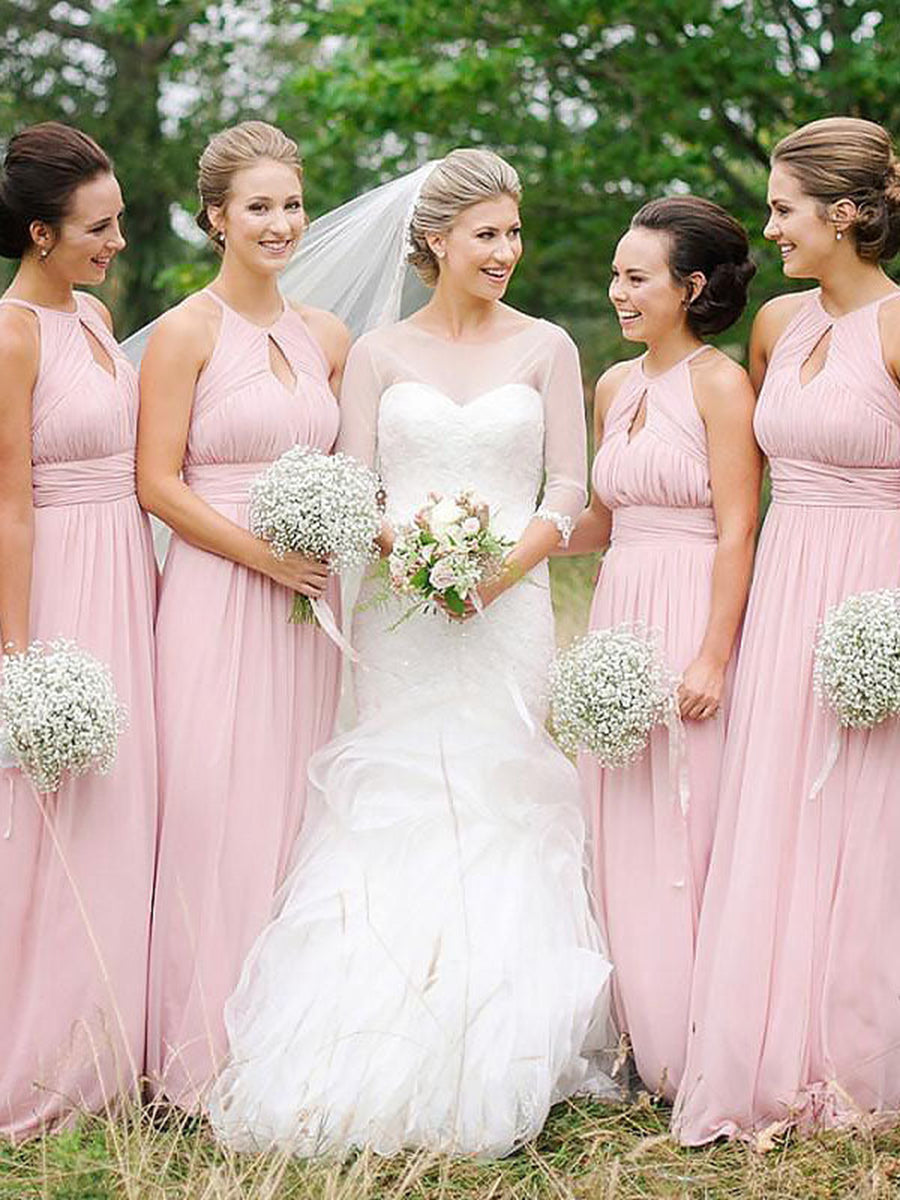 A-Line/Princess Sleeveless Halter Floor-Length Chiffon Bridesmaid Dresses