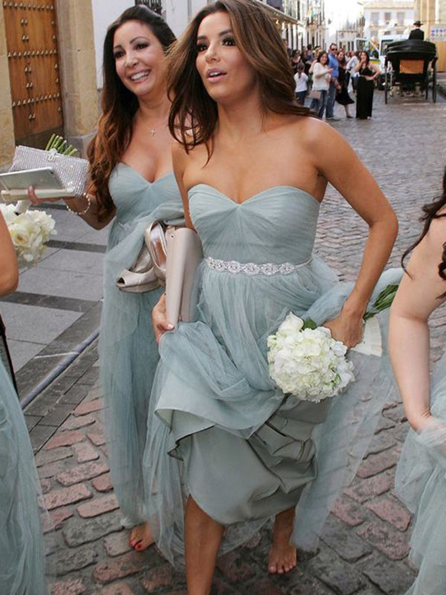 A-Line/Princess Sweetheart Sleeveless Floor-Length With Beading Tulle Bridesmaid Dresses