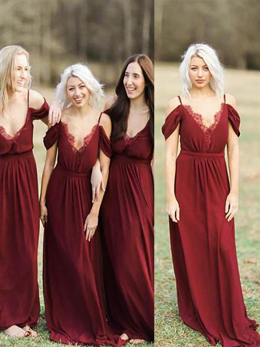 A-Line/Princess Spaghetti Straps V-Neck Sleeveless Floor-Length Lace Chiffon Bridesmaid Dresses