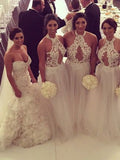 A-Line/Princess Halter Sleeveless Floor-Length With Applique Tulle Bridesmaid Dresses