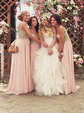 A-Line/Princess V-neck Sleeveless Floor-Length Sequins Chiffon Bridesmaid Dresses
