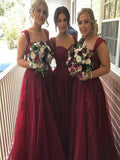A-Line/Princess Straps Sleeveless Floor-Length With Applique Tulle Bridesmaid Dresses