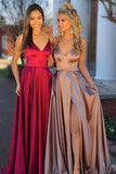 Eleagnt A-Line/princess Straps V-Neck Split Side Floor-Length Satin Bridesmaid Dress