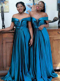 A-Line/Princess Ruffles Off-the-Shoulder Sleeveless Floor-Length Silk like Satin Bridesmaid Dresses