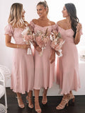 A-Line/Princess Sweetheart Ruched Short Sleeves Tea-Length Chiffon Bridesmaid Dresses