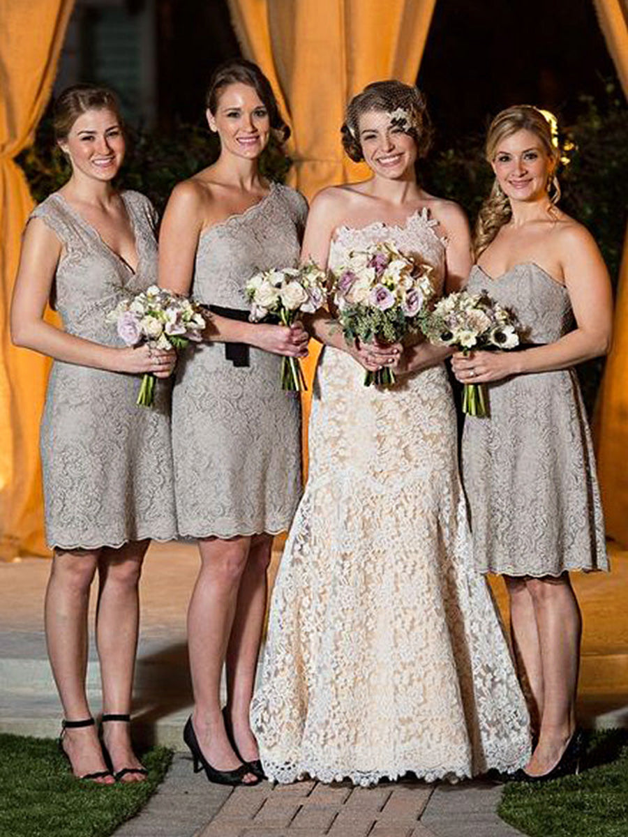 Sheath/Column One-Shoulder Sleeveless Short/Mini With Ruffles Lace Bridesmaid Dresses