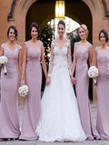 Trumpet/Mermaid V-neck Sleeveless Floor-Length With Lace Satin Bridesmaid Dresses