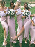 Sheath/Column Off-the-Shoulder Floor-Length Split Side Two Pieces Jersey Bridesmaid Dresses