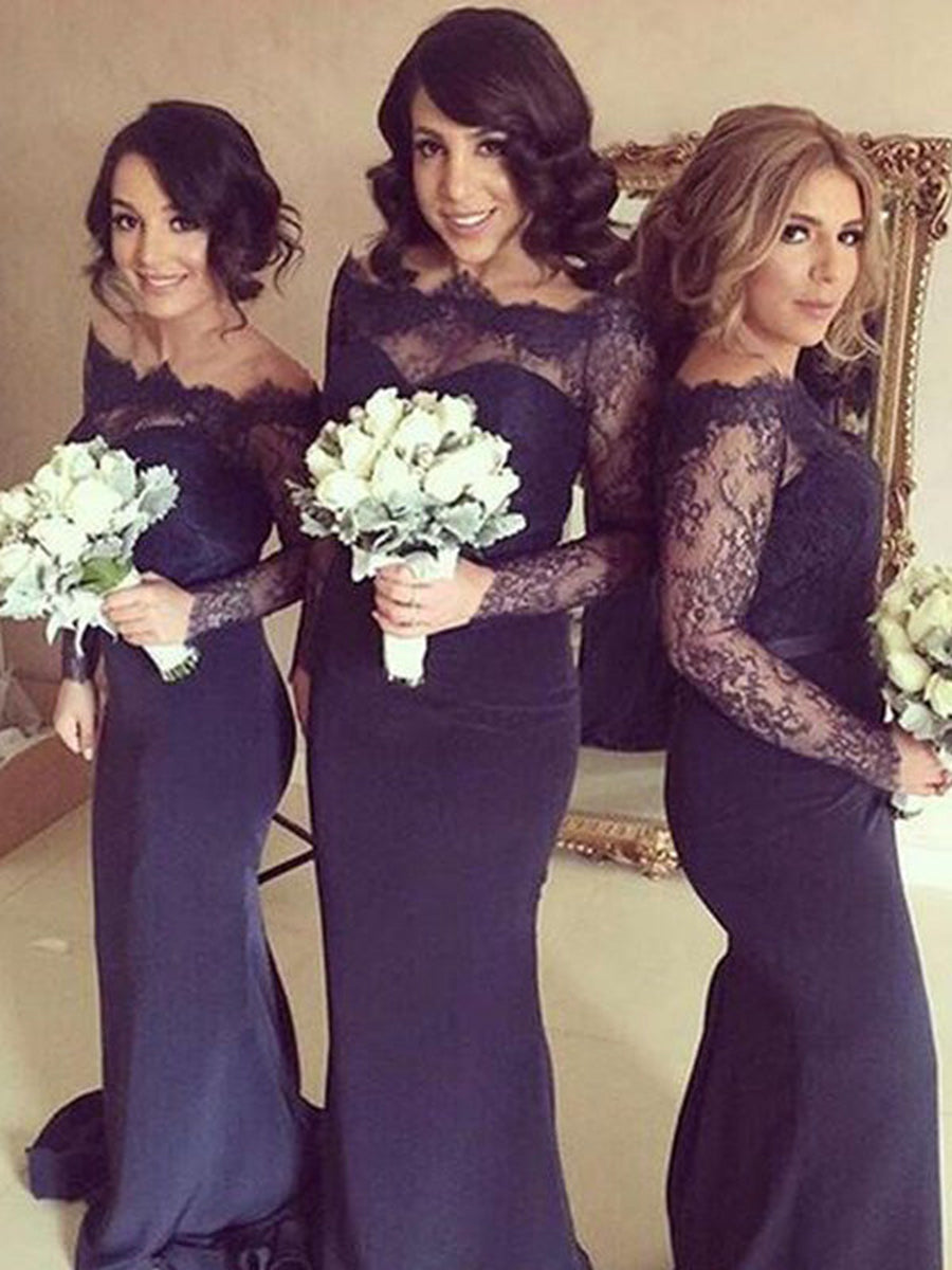 Trumpet/Mermaid Off-the-Shoulder Long Sleeves Floor-Length With Lace Stretch Crepe Bridesmaid Dresses
