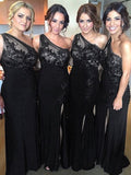Sheath/Column One-Shoulder Sleeveless Floor-Length With Lace Satin Bridesmaid Dresses