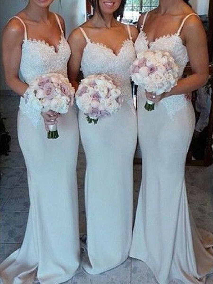 Sheath/Column Sweetheart Sleeveless Floor-Length With Lace Jersey Bridesmaid Dresses