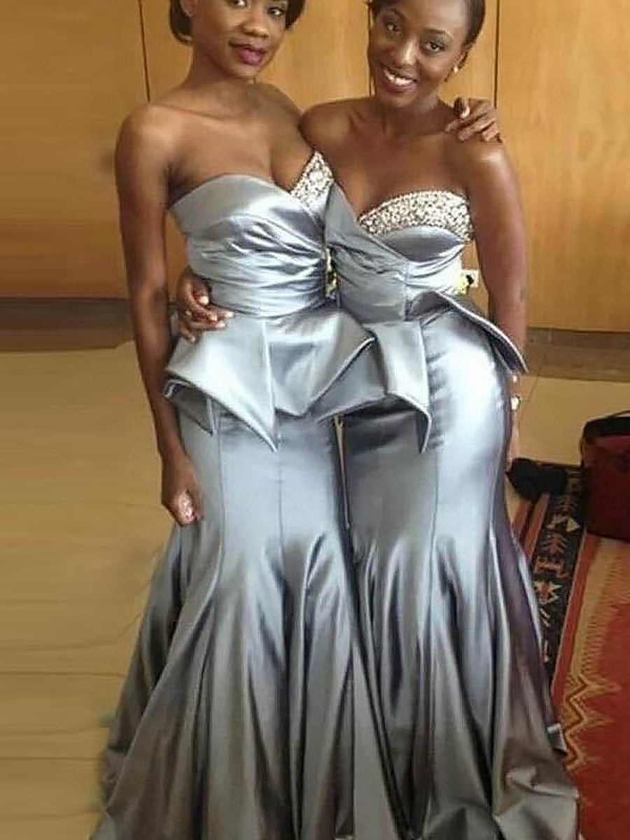 Trumpet/Mermaid Sweetheart Sleeveless Floor-Length With Beading Ruched Satin Bridesmaid Dresses