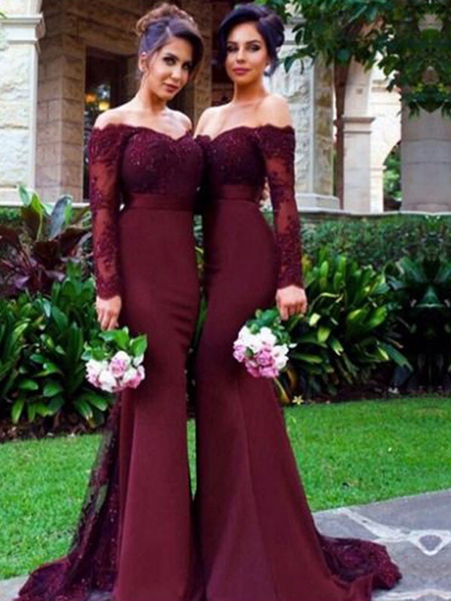 Trumpet/Mermaid Off-the-Shoulder Long Sleeves Floor-Length With Lace Beading Stretch Crepe Bridesmaid Dresses