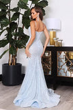 Sequin Mermaid Prom Dresses for Women 2023 Spaghetti Straps Sparkly Evening Formal Gown with Slit