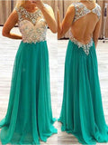 A-Line/Princess Sheer Neck Sweep/Brush Train Chiffon Evening Dresses with Beading
