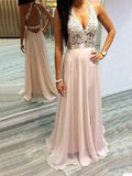 A-Line/Princess Halter Sweep/Brush Train Chiffon Prom Formal Evening Dresses with Lace