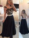 A-Line/Princess Sheer Neck Sweep/Brush Train Chiffon Prom Formal Evening Dresses with Pearls