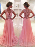 A-Line/Princess V-neck Sweep/Brush Train Chiffon Prom Formal Evening Dresses with Lace