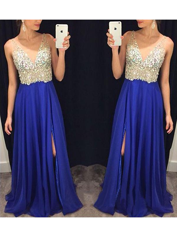 A-Line/Princess V-neck Sweep/Brush Train Chiffon Prom Formal Evening Dresses with Crystal