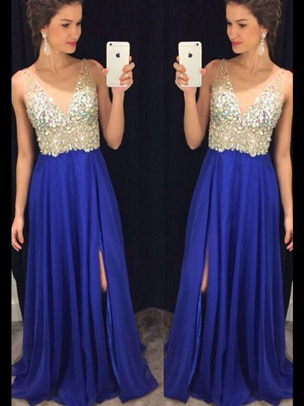 A-Line/Princess V-neck Sweep/Brush Train Chiffon Prom Formal Evening Dresses with Crystal
