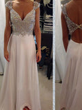 A-Line/Princess V-neck Long Chiffon Prom Formal Evening Dresses with Beading
