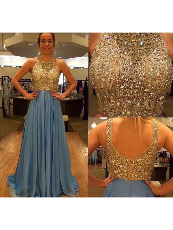 A-Line/Princess Scoop Sweep/Brush Train Chiffon Prom Formal Evening Dresses with Beading