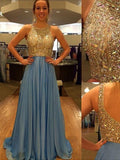 A-Line/Princess Scoop Sweep/Brush Train Chiffon Prom Formal Evening Dresses with Beading