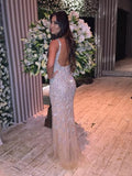 Trumpet/Mermaid V-neck Sweep/Brush Train Tulle Prom Formal Evening Dresses with Crystal